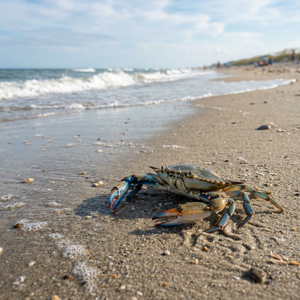 Blue crab on wet sandy beach near ocean waves
